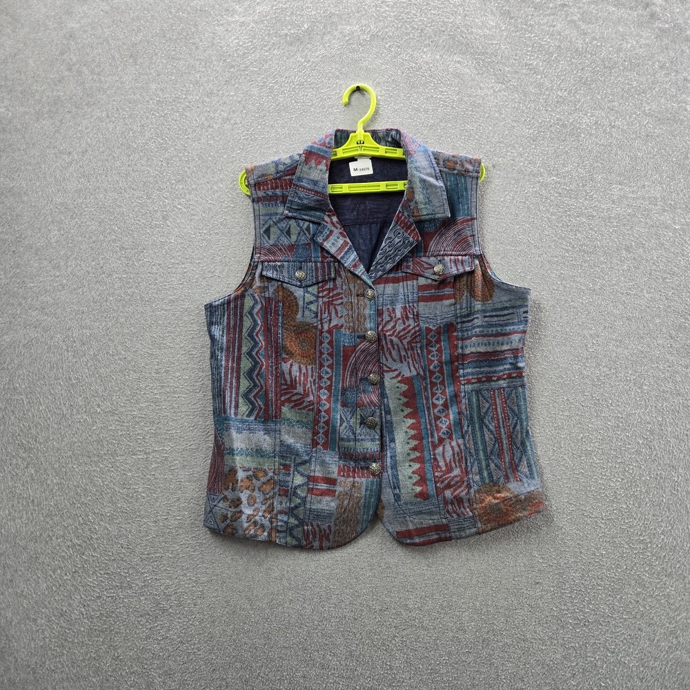 Christopher & Banks Women Vest XL Blue Denim Geometric Western Aztec